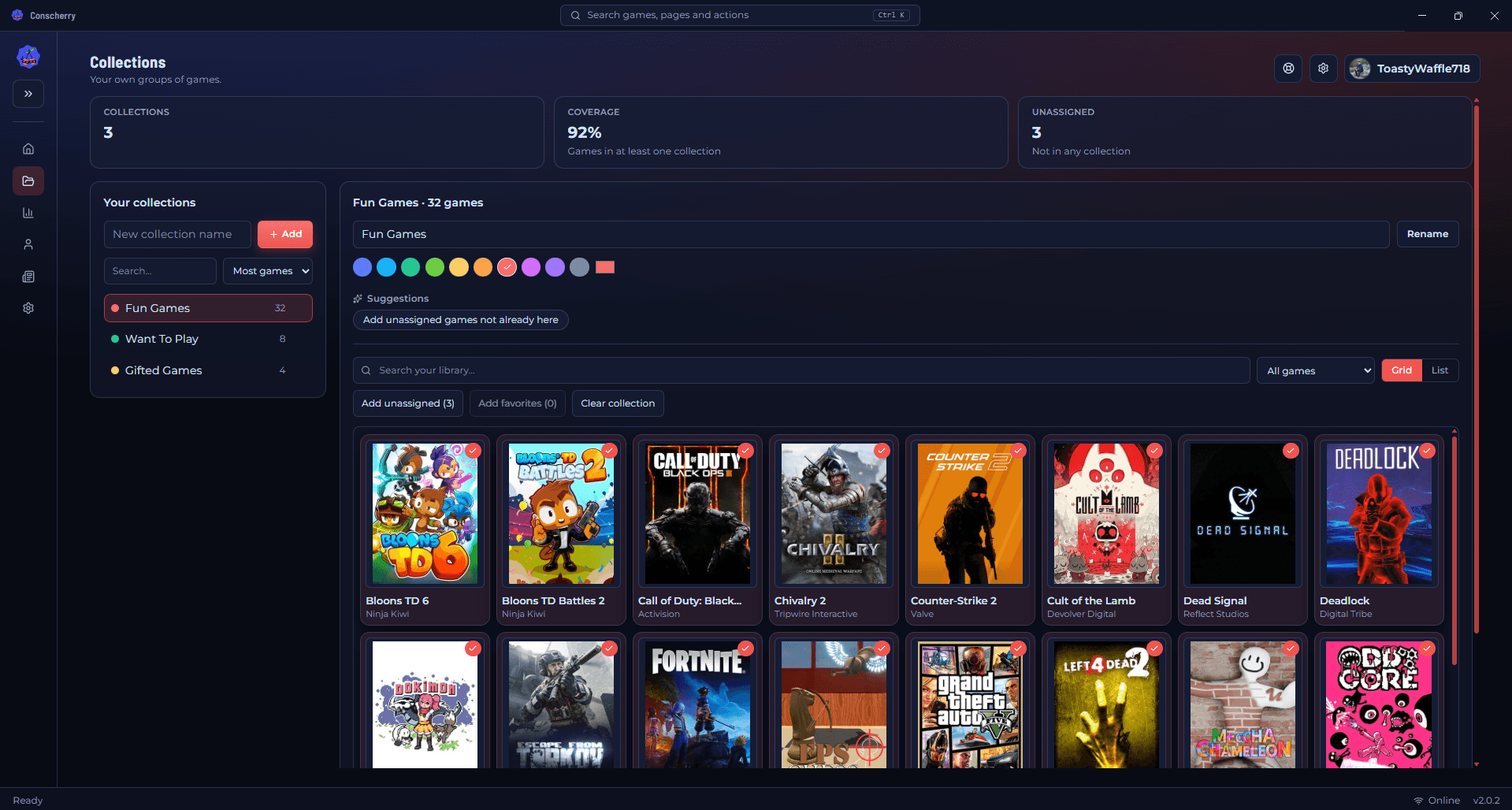 Launcher collections view showing organized games