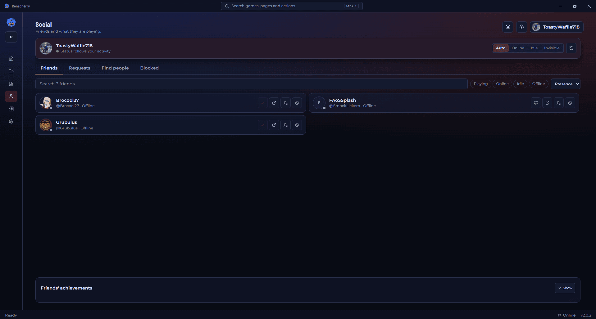 Launcher social view showing friends and activity