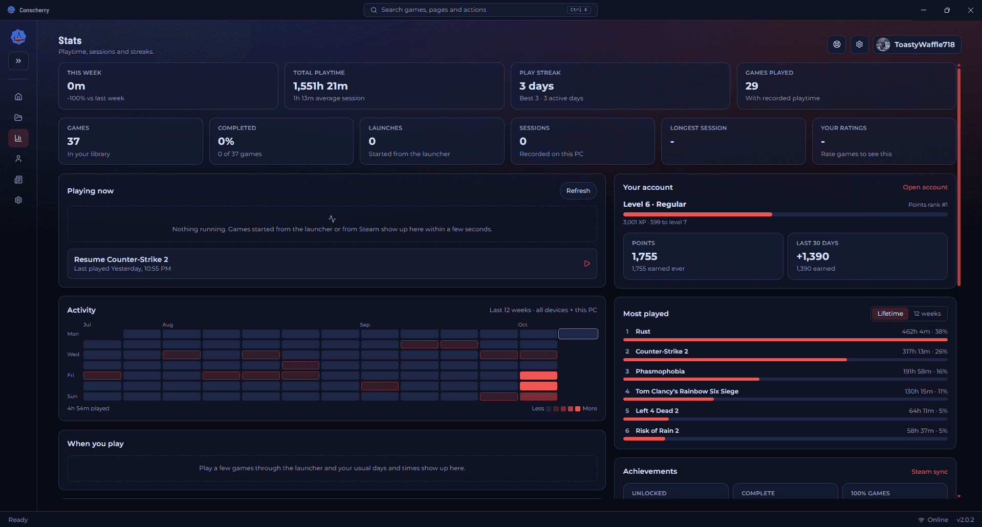 Launcher stats view showing live FPS and session telemetry