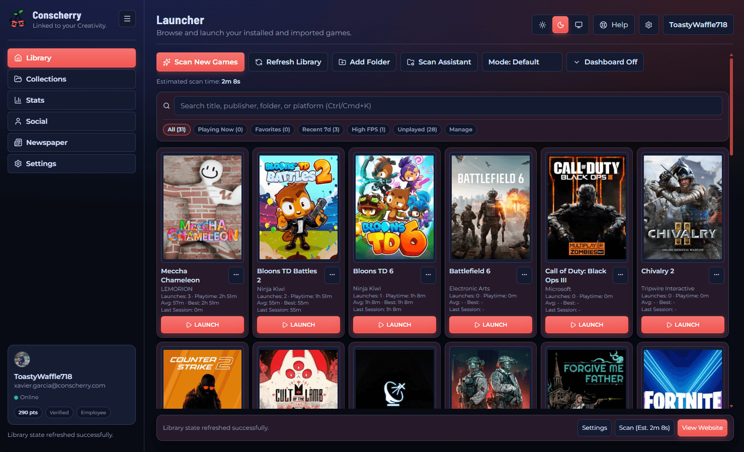 Conscherry Launcher library view with game grid and controls