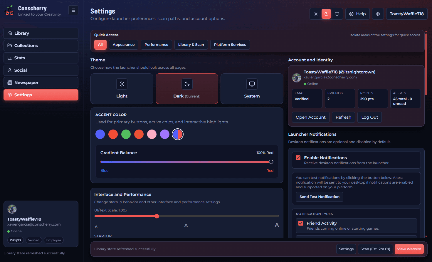 Conscherry Launcher settings view with theme and update controls
