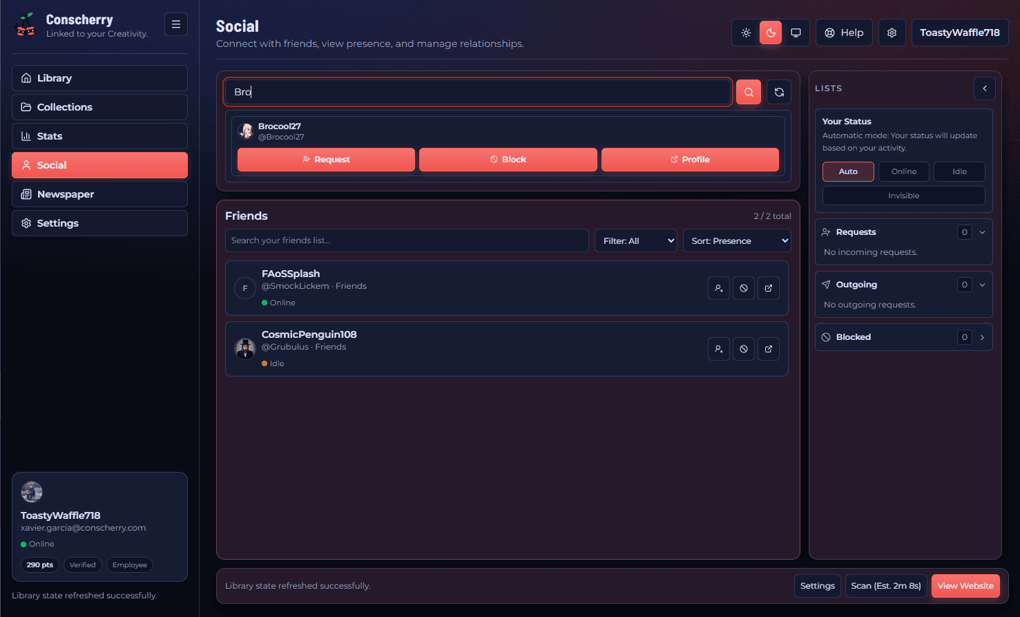 Conscherry Launcher social view showing friends and activity