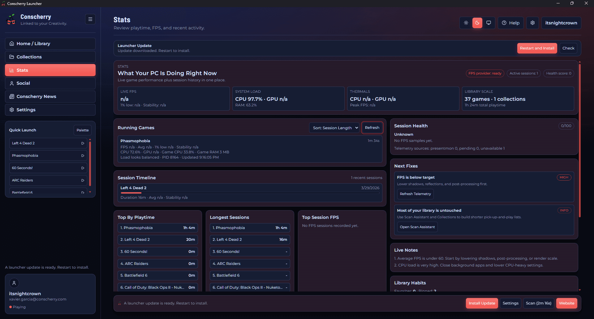 Conscherry Launcher stats view showing live FPS and session telemetry