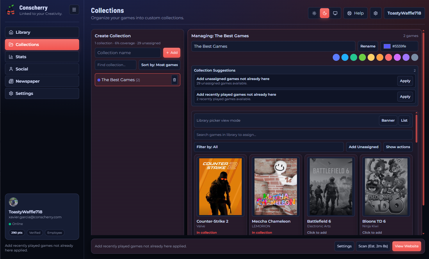 Launcher screenshot of the collections view