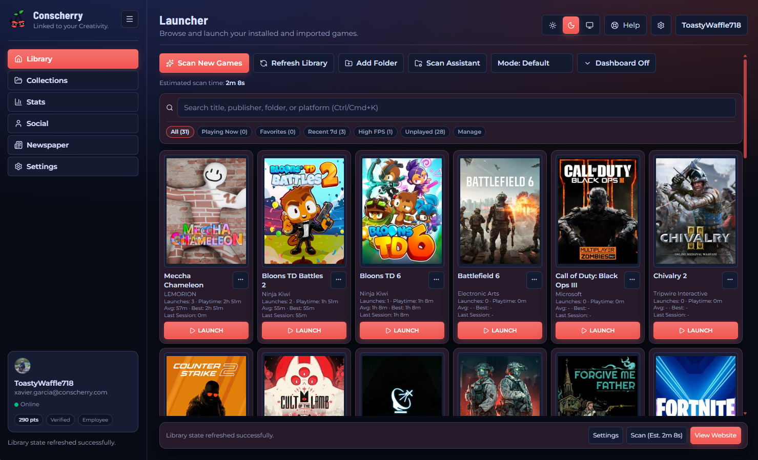 Launcher screenshot of the library view