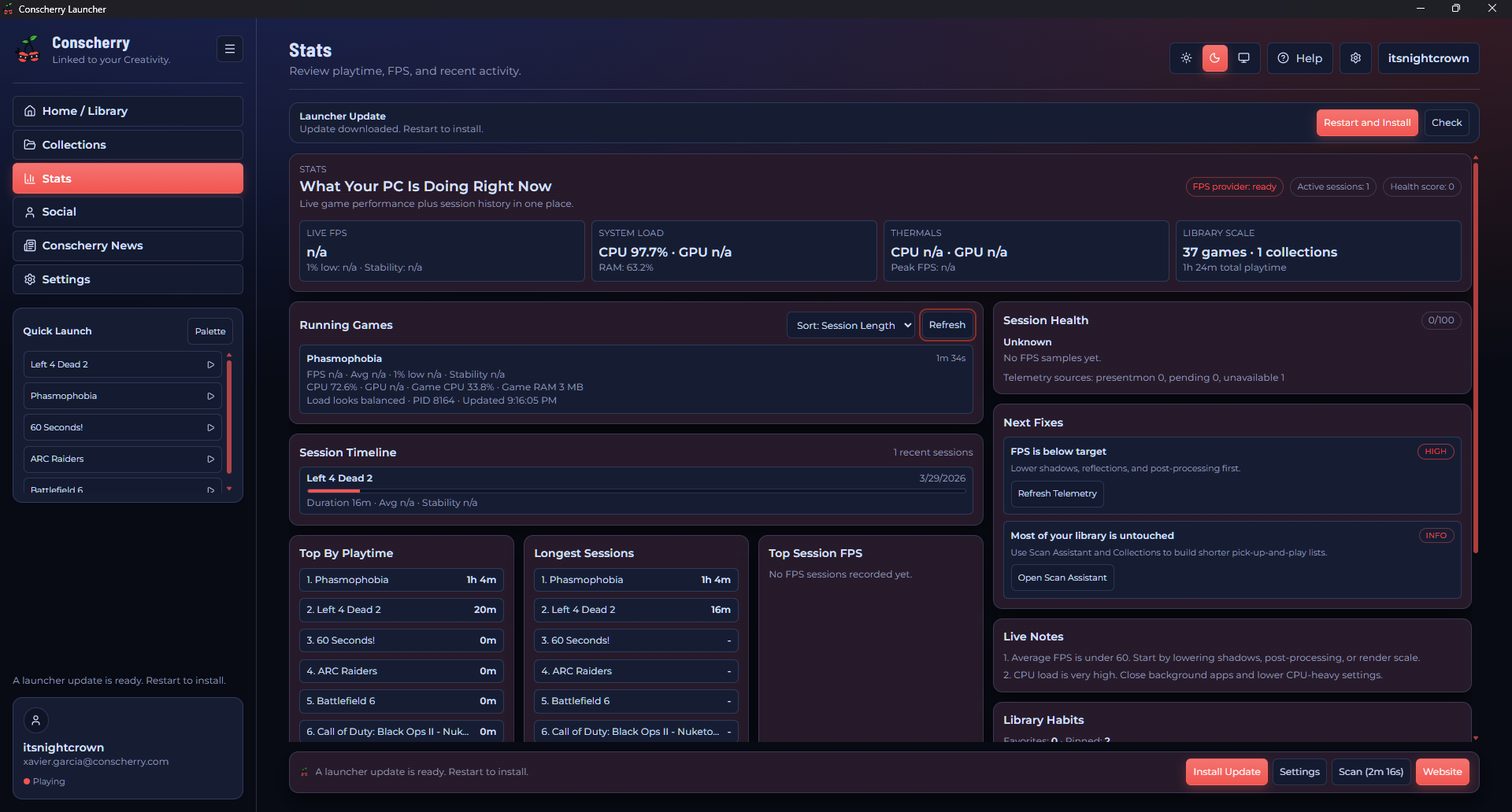 Launcher screenshot of the stats view
